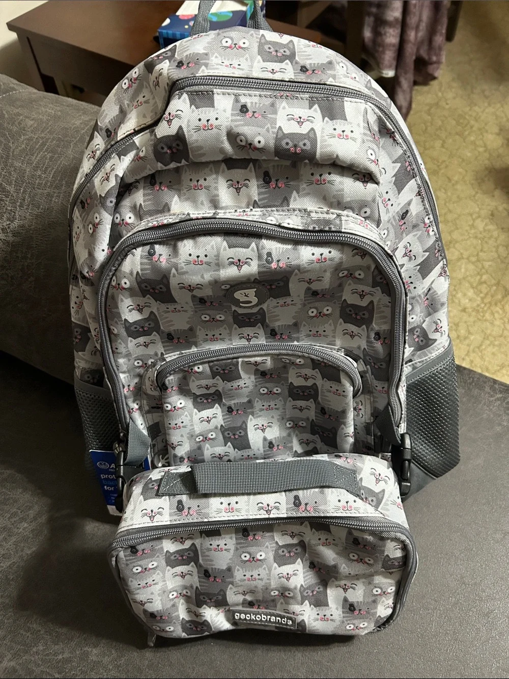 NWT Geckobrands Cat Print Backpack. Gray with Pink Accents Girls Love.